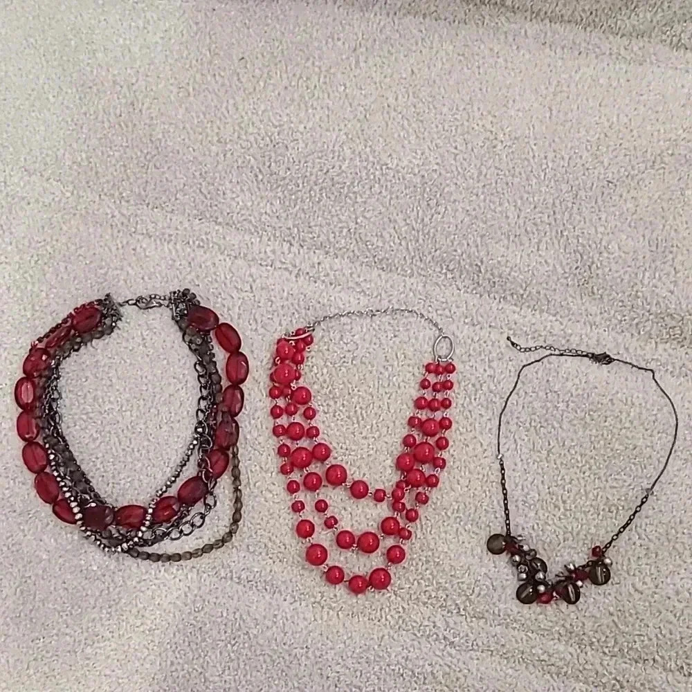 #36 set of 3 red beaded layered chain rhinestone statement necklaces